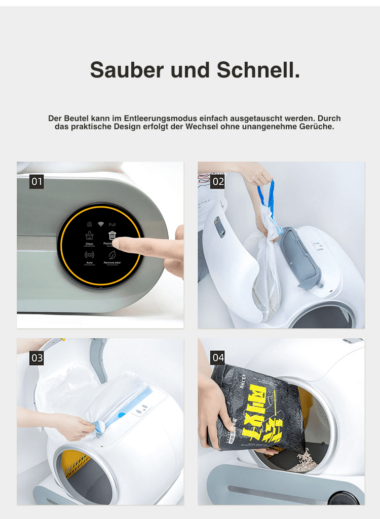 Selbstreinigungs-Mechanik des deinKatzenklo TiPro mit Klumpenerkennung und geruchsdichtem Abfallfach