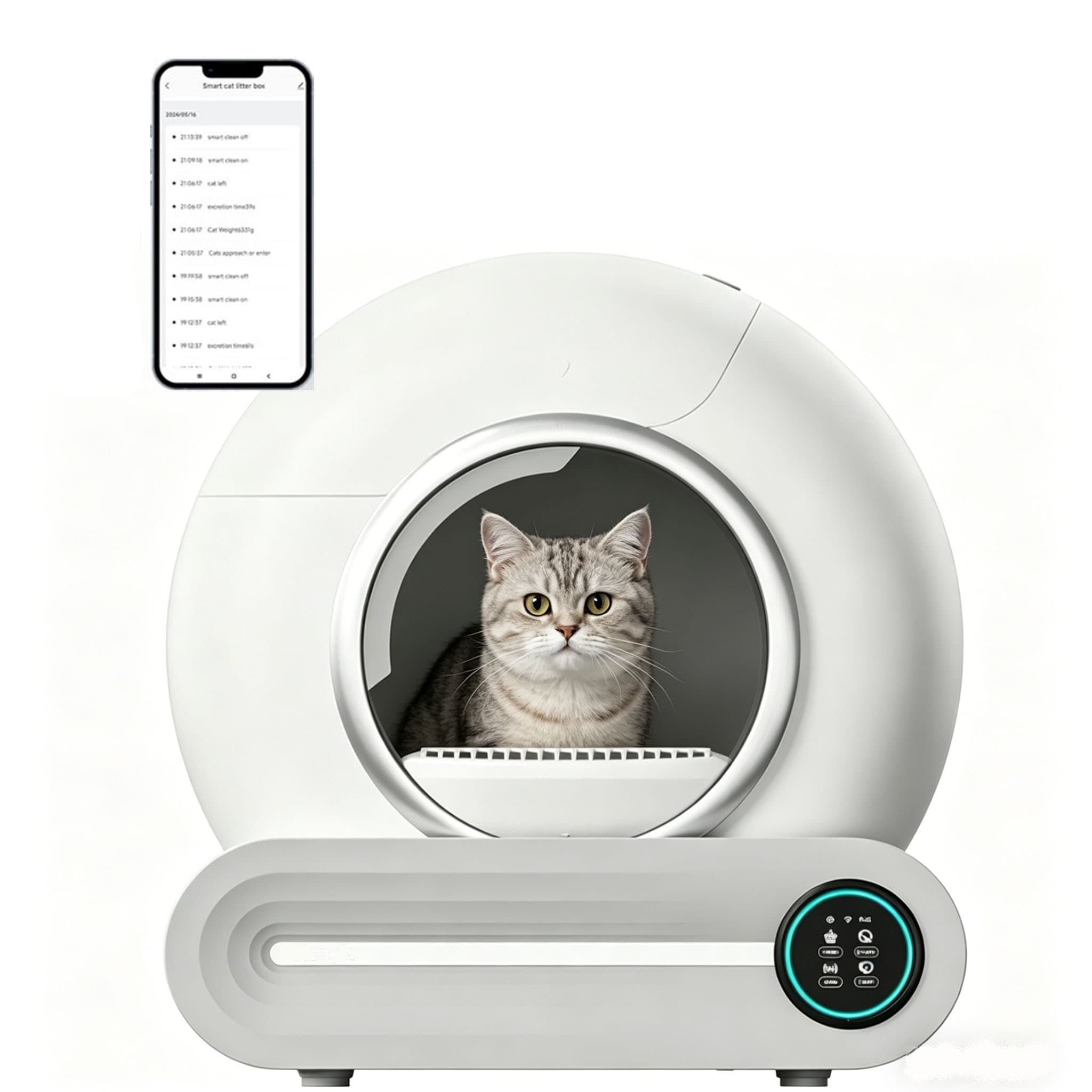 deinKatzenklo TiPro im Überblick — selbstreinigendes Katzenklo mit Smartphone-App-Steuerung und Katze, freigestellte Studio-Aufnahme.
